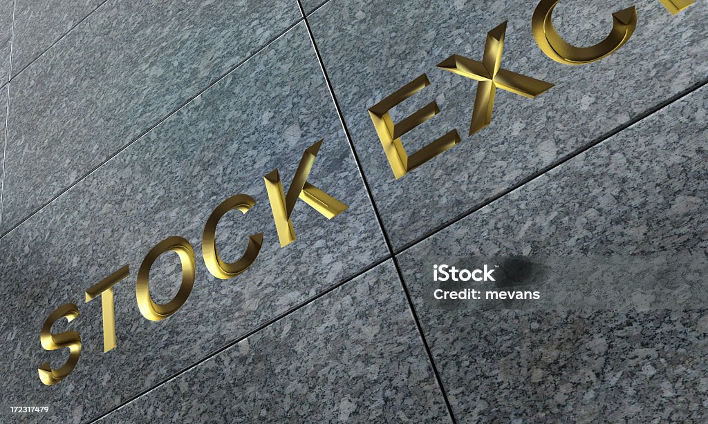 Stock Exchange Stock Exchange sign. Gold lettering on a marble facade. 3D render with HDRI lighting and raytraced textures. Architectural Feature Stock Photo