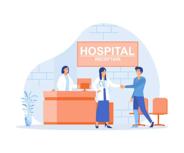 Vector illustration of Modern clinic reception, Hospital visit, happy physician and patient handshake at front desk, flat vector modern illustration