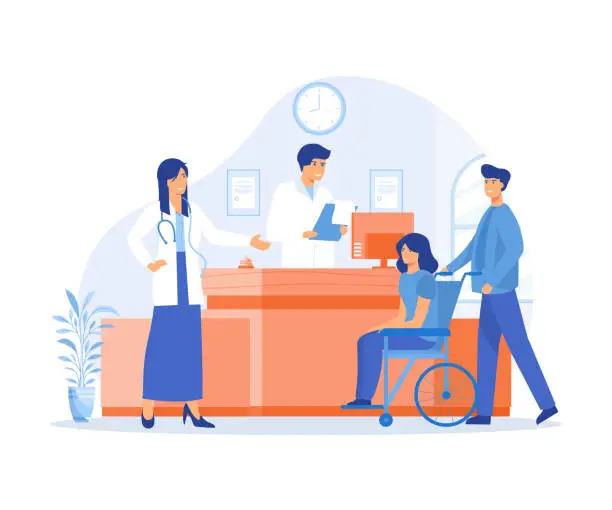 Vector illustration of Reception in hospital with patients. Waiting room with disabled man. flat vector modern illustration