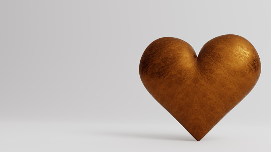 Valentine's Day 3d illustration - rendering. Single bronze heart isolated on white background. Layout with negative space for copy