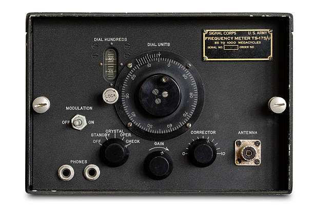 Frequency Meter "Vintage tech! Front view of a wartime U.S. Army Signal Corps frequency meter. Isolated, saved with path.See below for related images from my portfolio:" technology in the 1940s stock pictures, royalty-free photos & images