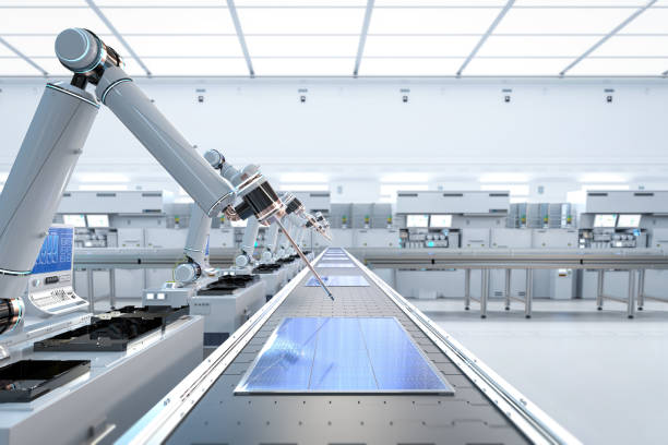 istock Automation industry with robot assembly line in solar panel factory 1723185936