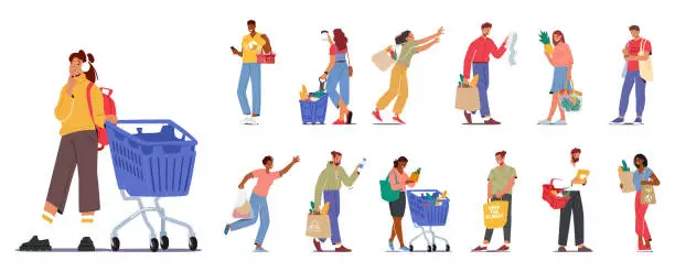 Vector illustration of Set Diverse Group Of Male and Female Characters Happily Shopping For Groceries, Filling Their Carts With Fresh Produce
