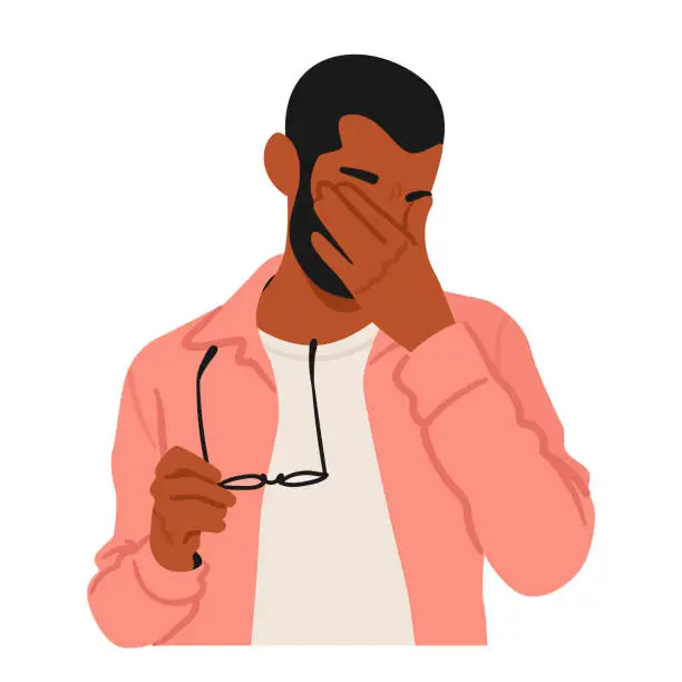 Vector illustration of Black Man Holds Glasses In One Hand And Rubs His Tired Eyes With The Other, Expressing Fatigue And The Need For A Break