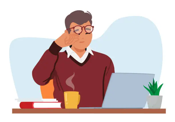 Vector illustration of Man With Vision Problems Struggles To Use A Laptop. Male Office Manager Character Squinting, Rubbing Eyes