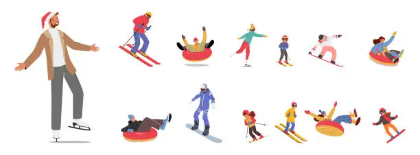 Vector illustration of Winter Sport And Outdoor Activities Set. Characters Engaged In A Variety Of Exhilarating Sports, Including Skiing