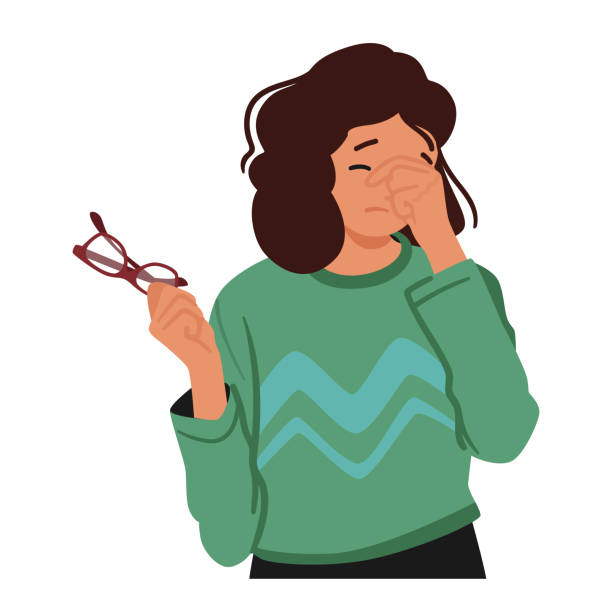 Woman In Casual Attire Holds Glasses In One Hand While Rubbing Her Tired Eyes With The Other, Portraying Fatigue Woman In Casual Attire Holds Glasses In One Hand While Rubbing Her Tired Eyes With The Other, Portraying Fatigue Or Eye Strain. Female Character with Vision Problem. Cartoon People Vector Illustration squint eyes stock illustrations