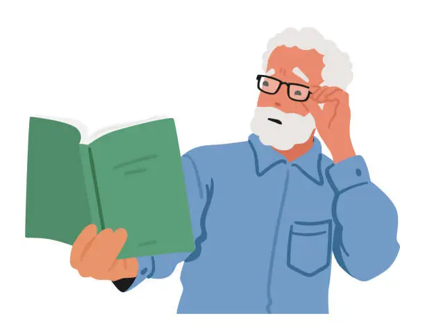 Vector illustration of Elderly Man In Glasses Squints At A Blurry Book, Highlighting Struggle Of Age-related Vision Issues. Vision Problems