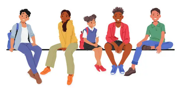Vector illustration of Joyful Diverse Children Sitting Closely Together On A Parapet Or Bench, Sharing Laughter And Friendship, Vector