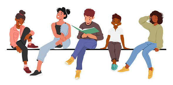 Joyful Kids Sitting Closely Together On A Parapet, Wall or Perch, Character Radiating Youthful Innocence And Friendship, Relax after School. Reading, Chatting. Cartoon People Vector Illustration