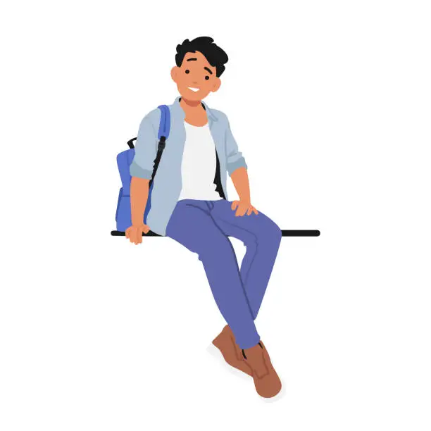 Vector illustration of Schoolboy Character Is Seated On A Bench Or Parapet, Engrossed In His Thoughts, His Backpack Resting Beside Him