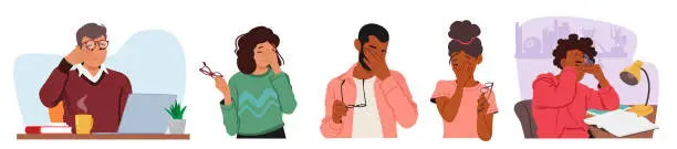 Vector illustration of Diverse Group Of Male And Female Characters With Tired Expressions Rubbing Their Eyes, Symbolizing Fatigue, Sleepiness