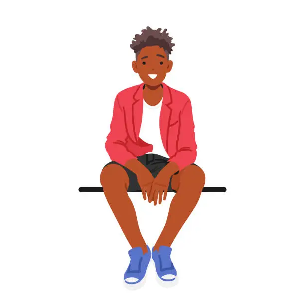 Vector illustration of Smiling Teenage Boy Perches On A Bench Or Parapet, Radiating Positivity. His Eyes Light Up With Joy, Carefree Spirit