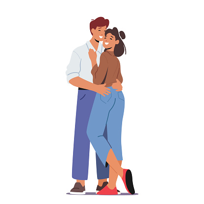 Couple Characters Embrace, Signifies Their Love And Affection For Each Other. It Is A Gesture Of Closeness, Comfort, Romantic Relationship, And Emotional Connection. Cartoon People Vector Illustration