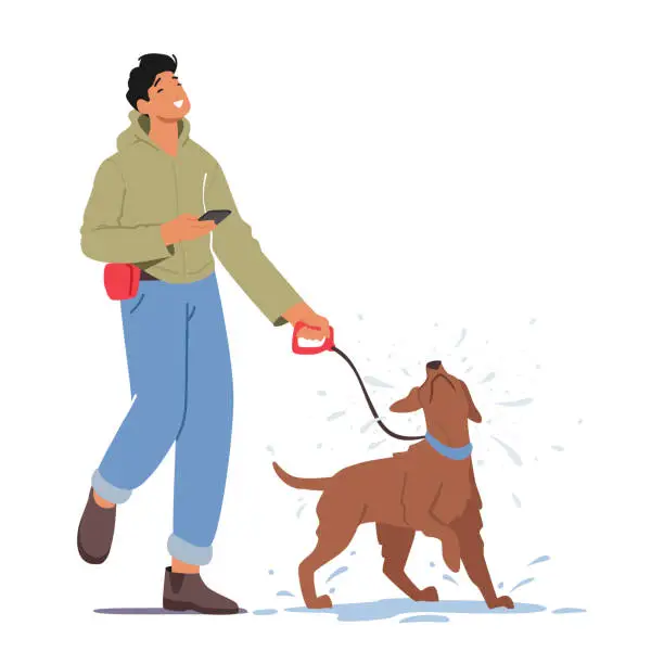 Vector illustration of Male Character Walks With A Dog, They Both Benefit From Exercise And Companionship. It Provides An Opportunity For Them