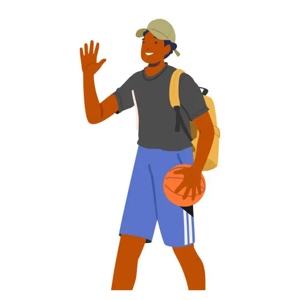 Vector illustration of Male Character Confidently Walking with A Basketball Ball, Carrying A Backpack Slung Over One Shoulder, Vector