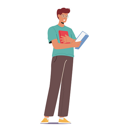 Scholarly Man in Glasses Stands, Books Cradled In His Hands, A Portrait Of Knowledge And Wisdom. Posture of Male Character Reflects The Weight Of Wisdom He Carries. Cartoon People Vector Illustration