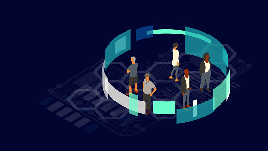 Five people stand in the center of a circle made of glowing gray, white, teal, and turquoise rectangles, signifying the concept of human-centered design with a variety of nonspecific screens, digital experiences, or user interfaces. Shapes in the dark background hint of circuitboards, computer code, algorithms, and a honeycomb pattern. Vector illustration includes realistic, unrecognizable people within a 16x9 artboard.
