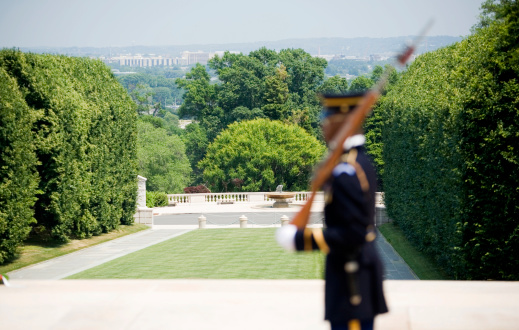 Honor guard stands ramrod straight at the Tomb Of The Unknown Soldier at Arlington National Cemetery.  Washington DC can be seen in the distance.
