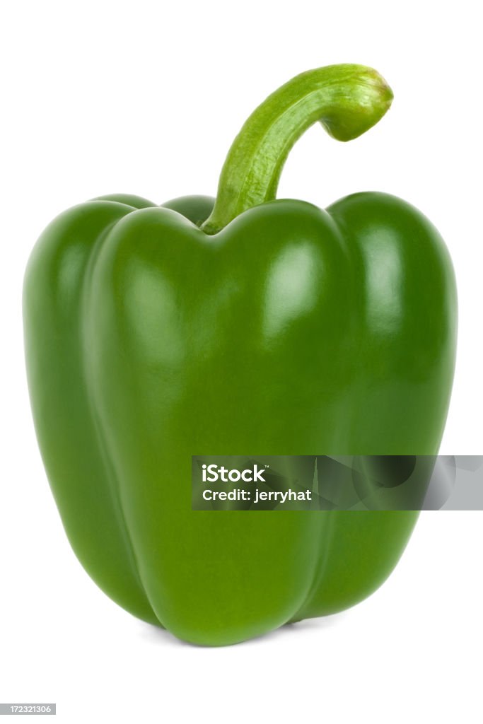 Green bell pepper with stem on white background "A green bell pepper, on white. Bell Peppers:" Green Bell Pepper Stock Photo