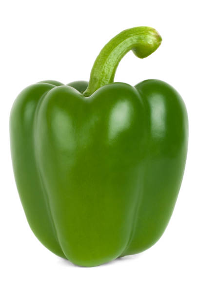 Green bell pepper with stem on white background "A green bell pepper, on white. Bell Peppers:" green bell pepper stock pictures, royalty-free photos & images