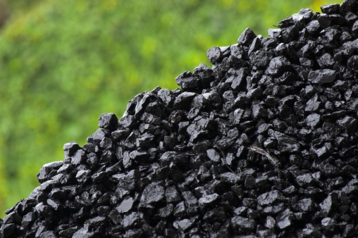 Pile of wet coal on green background.