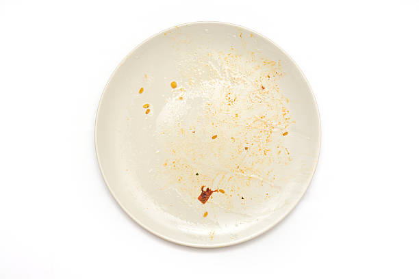 istock Aerial view of single dirty white dish on white background 172322351