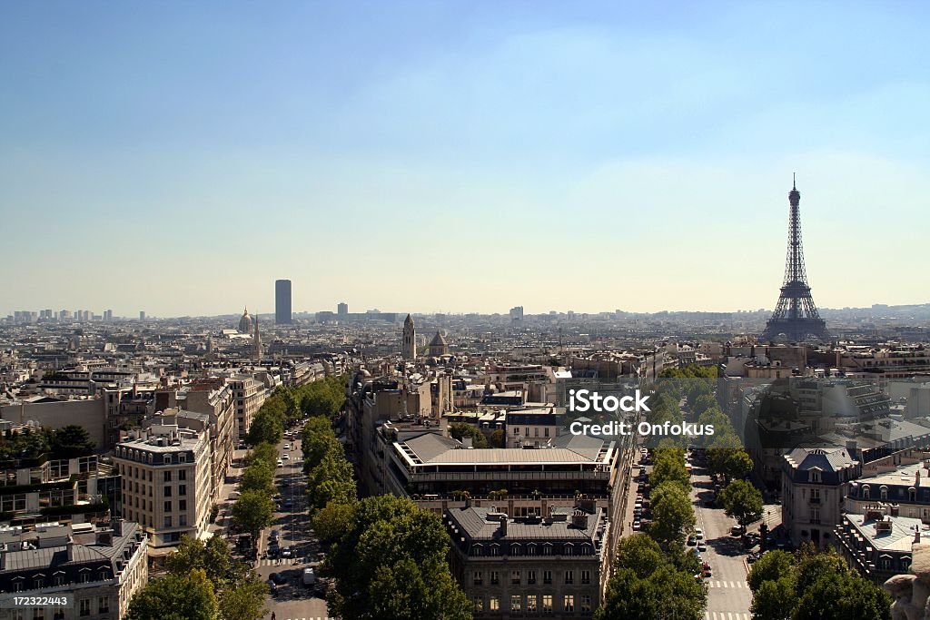 City View of Paris and Eiffel Tower on Summer Day View of Paris from l'arc de triomphe. Arc de Triomphe - Paris Stock Photo