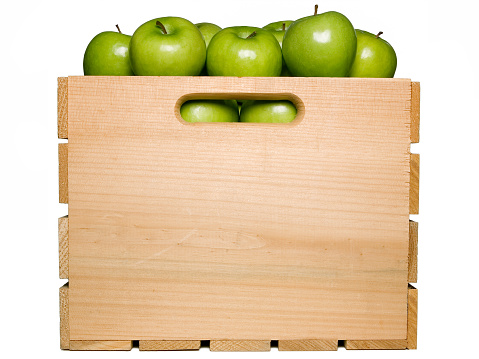 Green Apples in Wood Fruit Crate on White Background