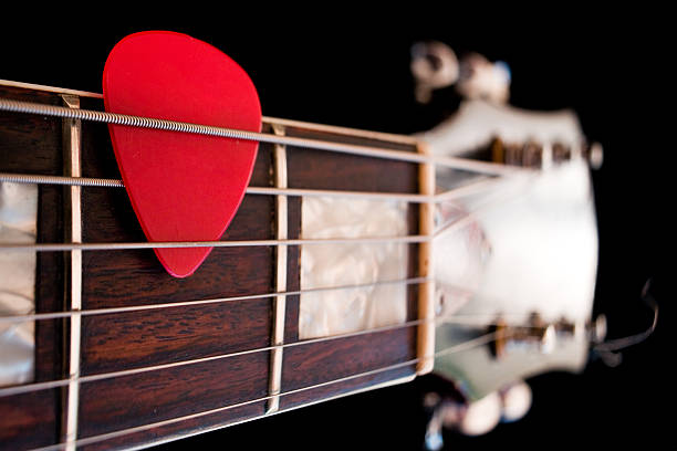 Guitar Picked Resting guitar. T&S lens for selective focus. plectrum stock pictures, royalty-free photos & images