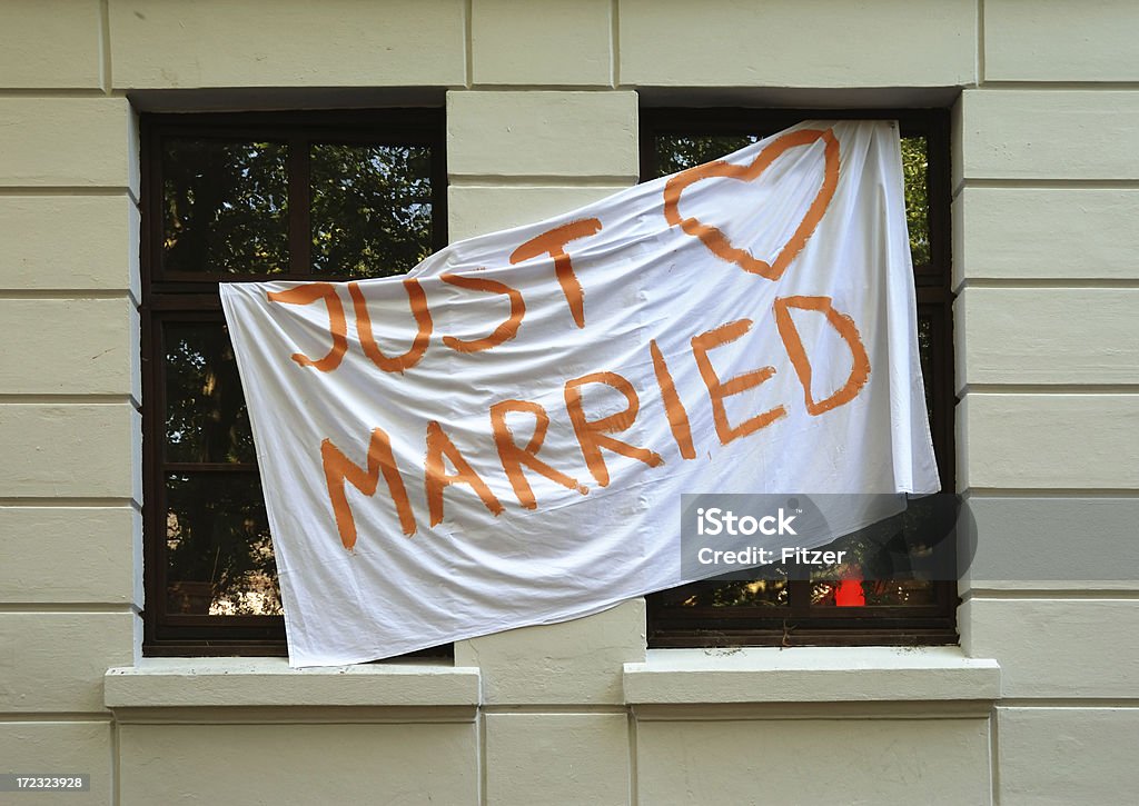 just married just marries written on a bed sheet. Announcement Message Stock Photo