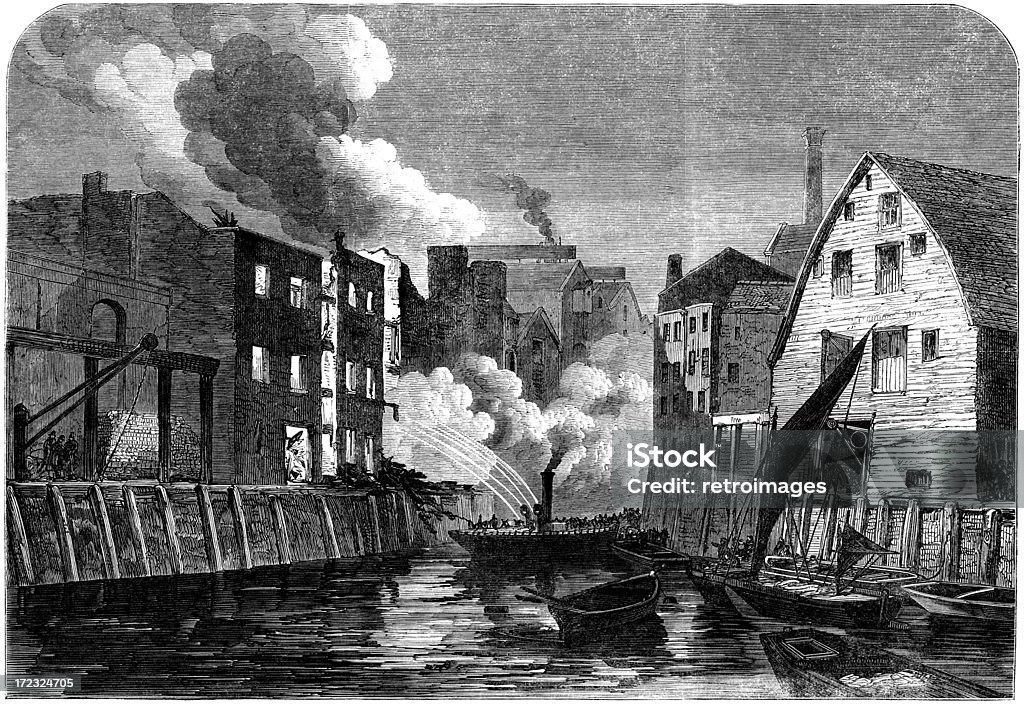 Fire at Dockhead Bermondsey, Londres (illustration). - Illustration de Londres libre de droits