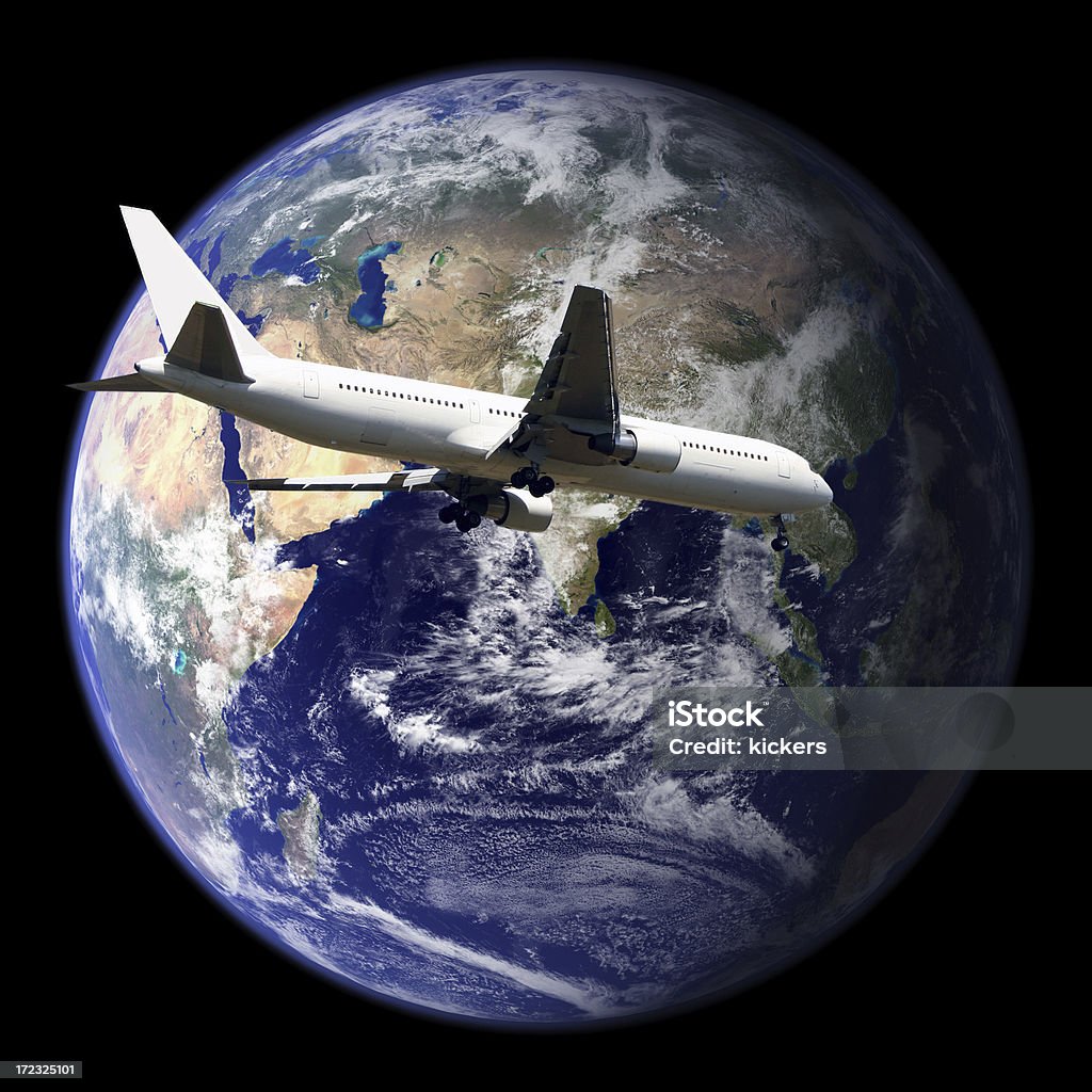 World travel Airliner flying around the globe. Air Vehicle Stock Photo