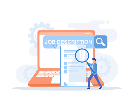 job description, Reading job description carefully, person hold magnifying glass to look at job description, flat vector modern illustration