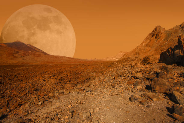 istock Red cosmic landscape. Mars planet scene with desert, stone, sand and sky background. Elements of this image furnished by NASA 1723257610