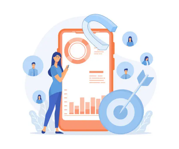 Vector illustration of Digital targeting marketing, Target audience, woman set up advertise on social networks in smart phone app, flat vector modern illustration