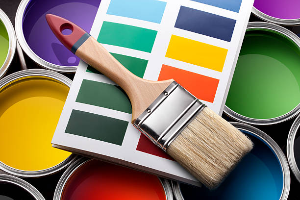 캔 색상화 페인트 색상 카드 및 브러시 - design color swatch plan painting 뉴스 사진 이미지