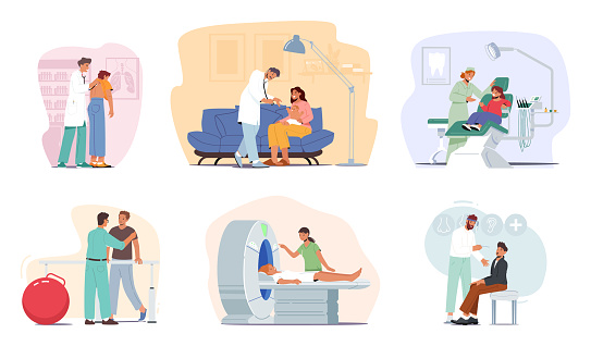 Doctor Character Attentively Listens To Concerned Patients. Pulmonologist, Otolaryngologist, Dentist, Pediatrist, Mri and Rehab Specialists Conduct Medical Checkup. Cartoon People Vector Illustration