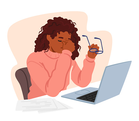 Young Woman In Office Attire Sits front of Pc At Desk Piled With Books, Holding Glasses In One Hand While Rubbing Her Tired Eyes With The Other Showing Signs Of Exhaustion. Cartoon Vector Illustration