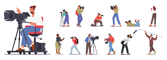 Group Of Characters Holding Photo And Video Cameras, Capturing Moments With Enthusiasm. A Dynamic Blend Of Photographers And Videographers Create Visual Content. Cartoon People Vector Illustration