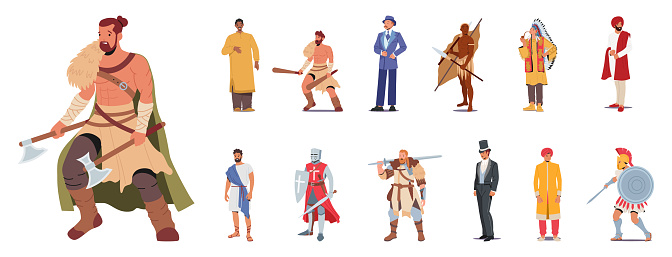 Set Of Male Characters Wear Historical Costumes. Viking, Barbarian and Native American Chief, Indian, Greek or Roman, Victorian Gentleman and Gladiator Warrior. Cartoon People Vector Illustration