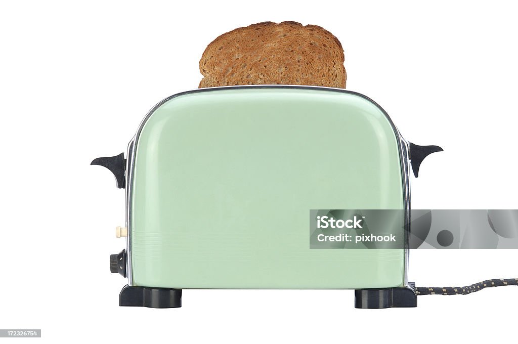 Little Green Toaster with Path Vintage Green and Chrome Toaster with Toast. Clipping Path Included. Toaster - Appliance Stock Photo