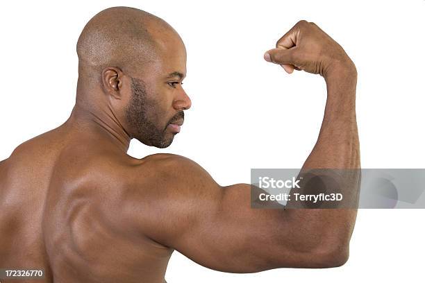 Muscular Homem Negro Dobrando Seus Biceps Vista De Trás - Fotografias de stock e mais imagens de Anatomia