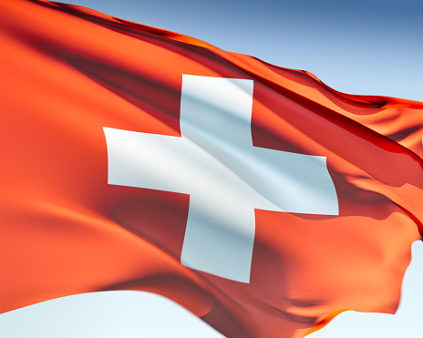 Swiss flag waving in the wind. Elaborate rendering including motion blur and even a fabric texture (visible at 100%).