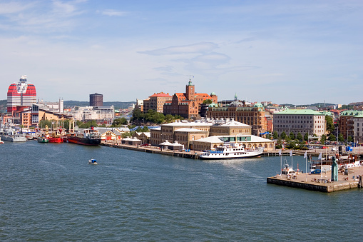 Gothenburg skyline and harbour. The red brick Masthugg Church dominates the skyline.