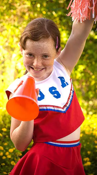 Photo of American Pre-Adolescent Redhead & Freckles Girl, Patriotic Child Cheerleader Halloween Costume