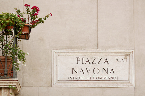 Piazza Navona sign on a wall at Piazza Navona, Rome Italy