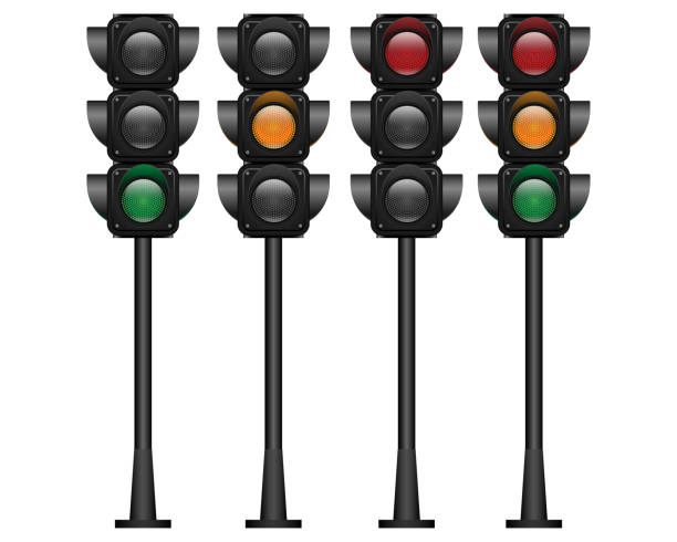 istock Set of Three Traffic Lights with all three colors on and single color on. Realistic vector illustration isolated on white background. 3D EPS10. 1723300757