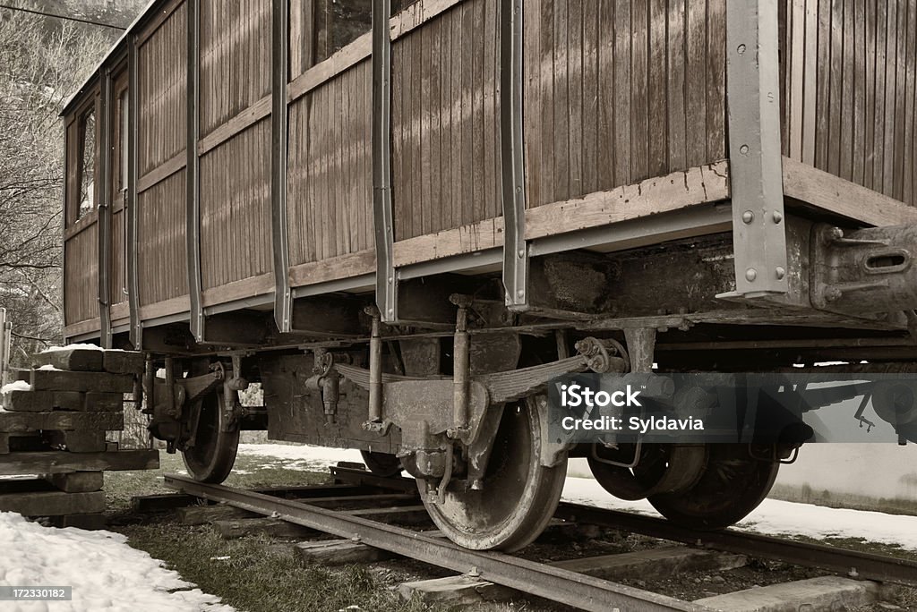 Old Wooden Railway Wagon Old Wooden Railway Wagon on stands on a railway Freight Train Stock Photo
