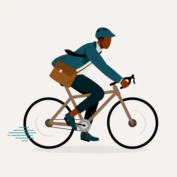 Vector illustration of Black Man In Businesswear Cycling To Work With Bicycle. Road Bike. Bicycling. Biking.
